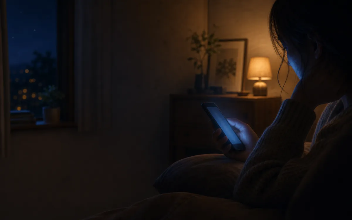 夜、暗い部屋でスマホの光に照らされてスクロールしている様子