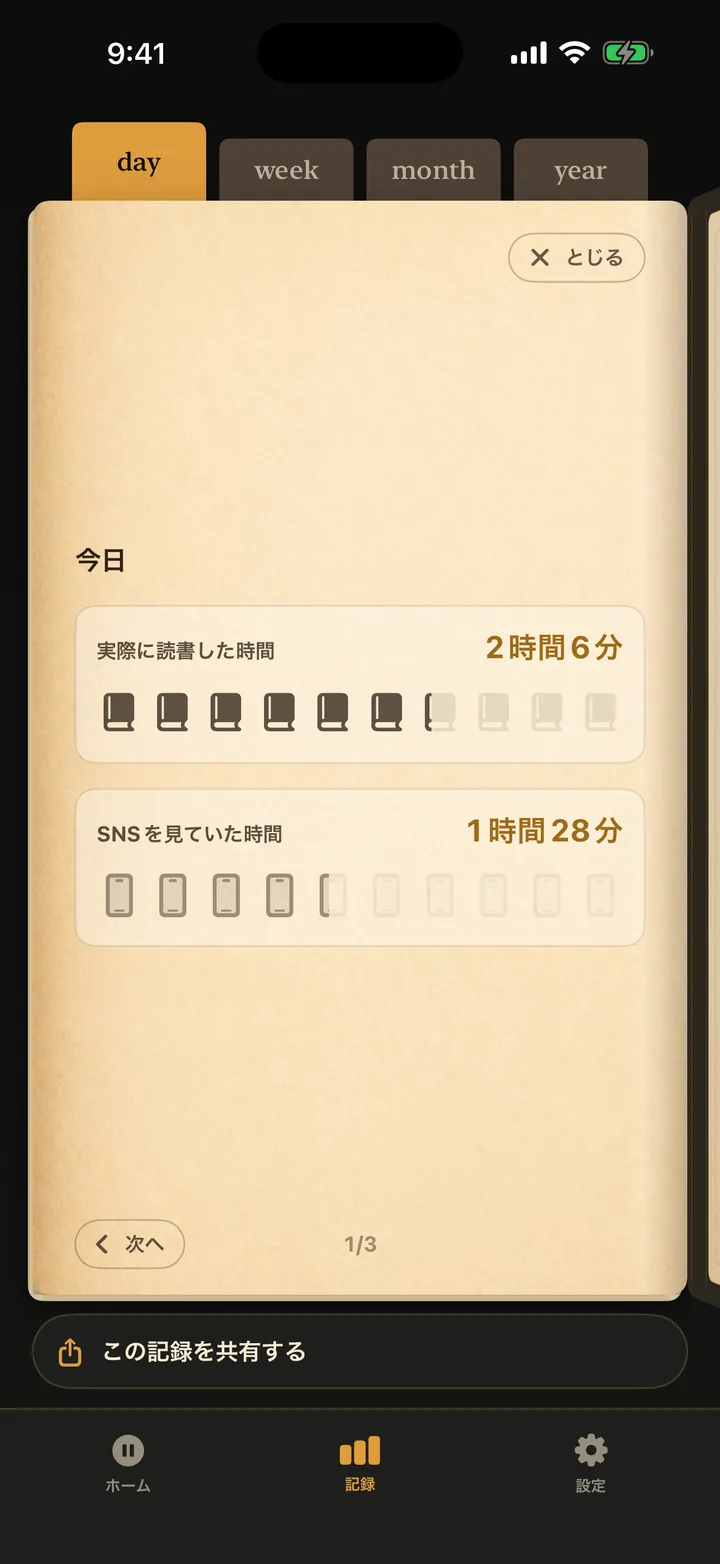 きろくの本のページ。実際に読書した時間とSNSを見ていた時間がコマで積み上がる